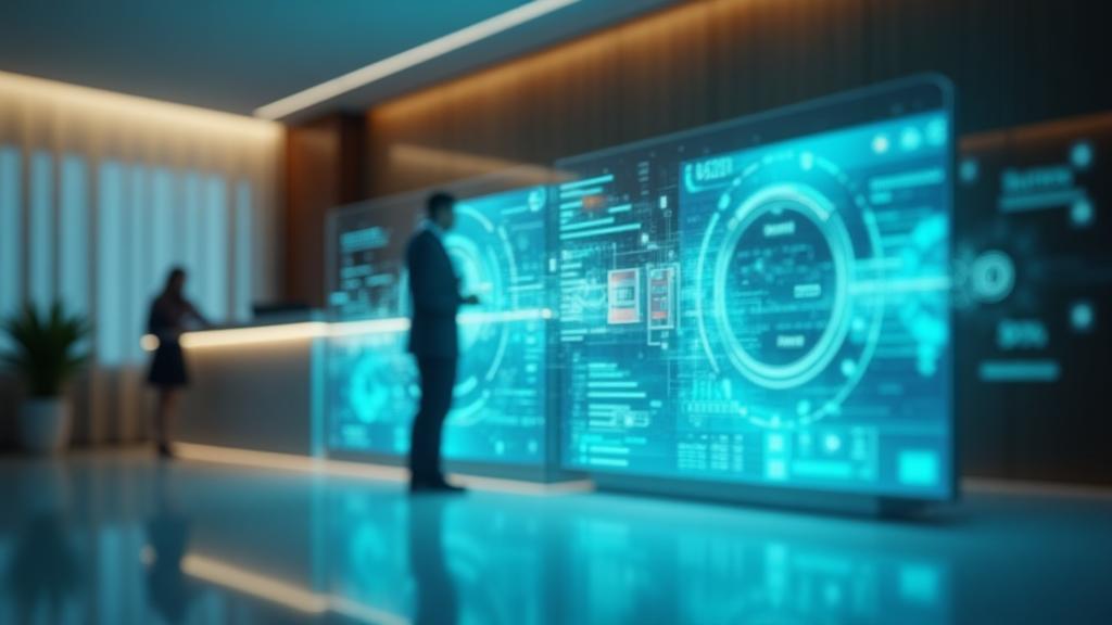 Modern hotel reception with digital interfaces